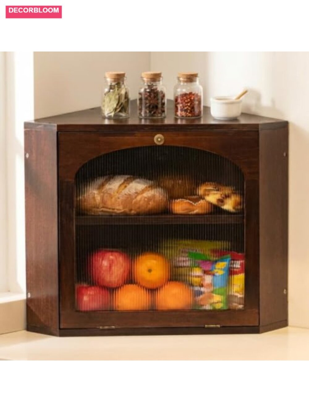 Solid Pine Wood Corner Bread Box with Magnetic Lock